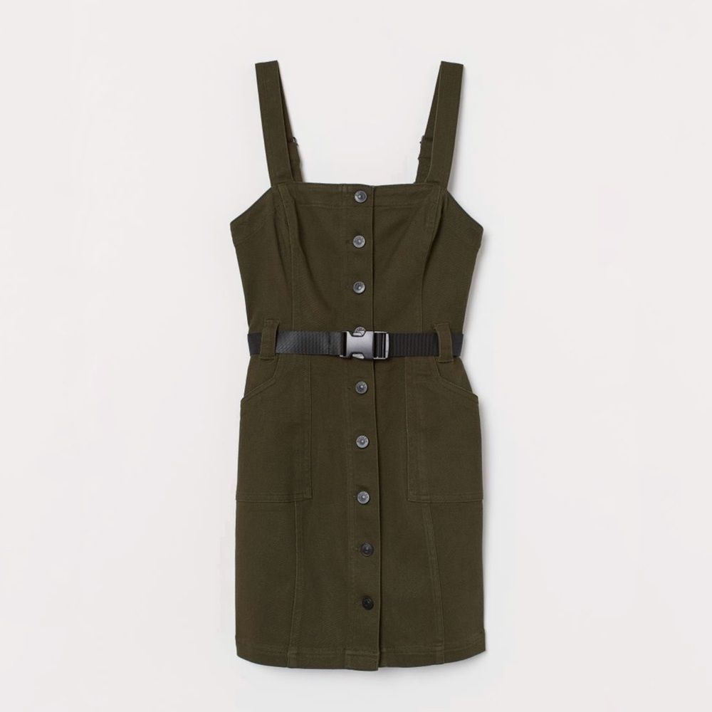 NWT H&M Divided Dark Olive Green Overall Denim Button Down Mini Dress